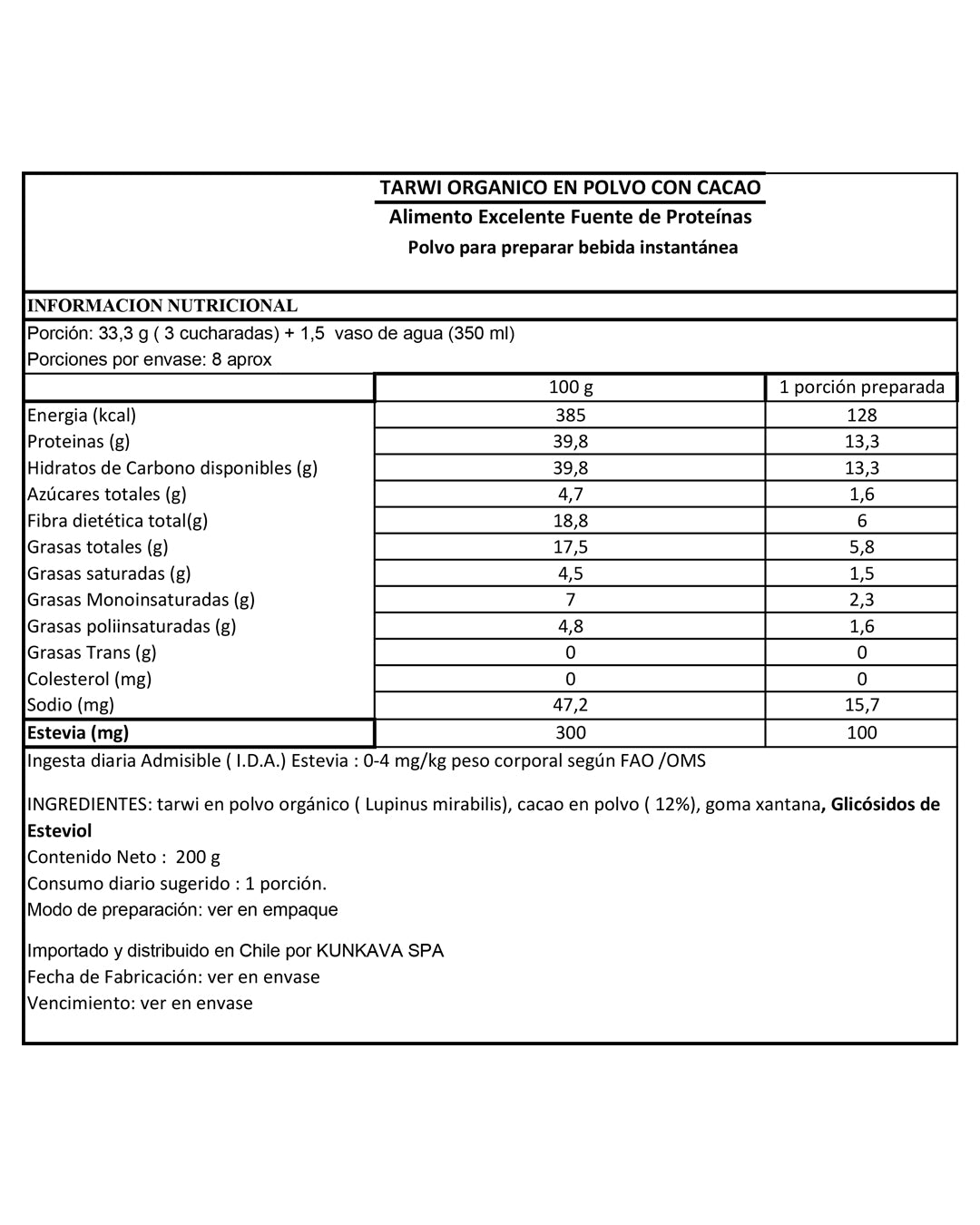 Proteína de Tarwi con Cacao
